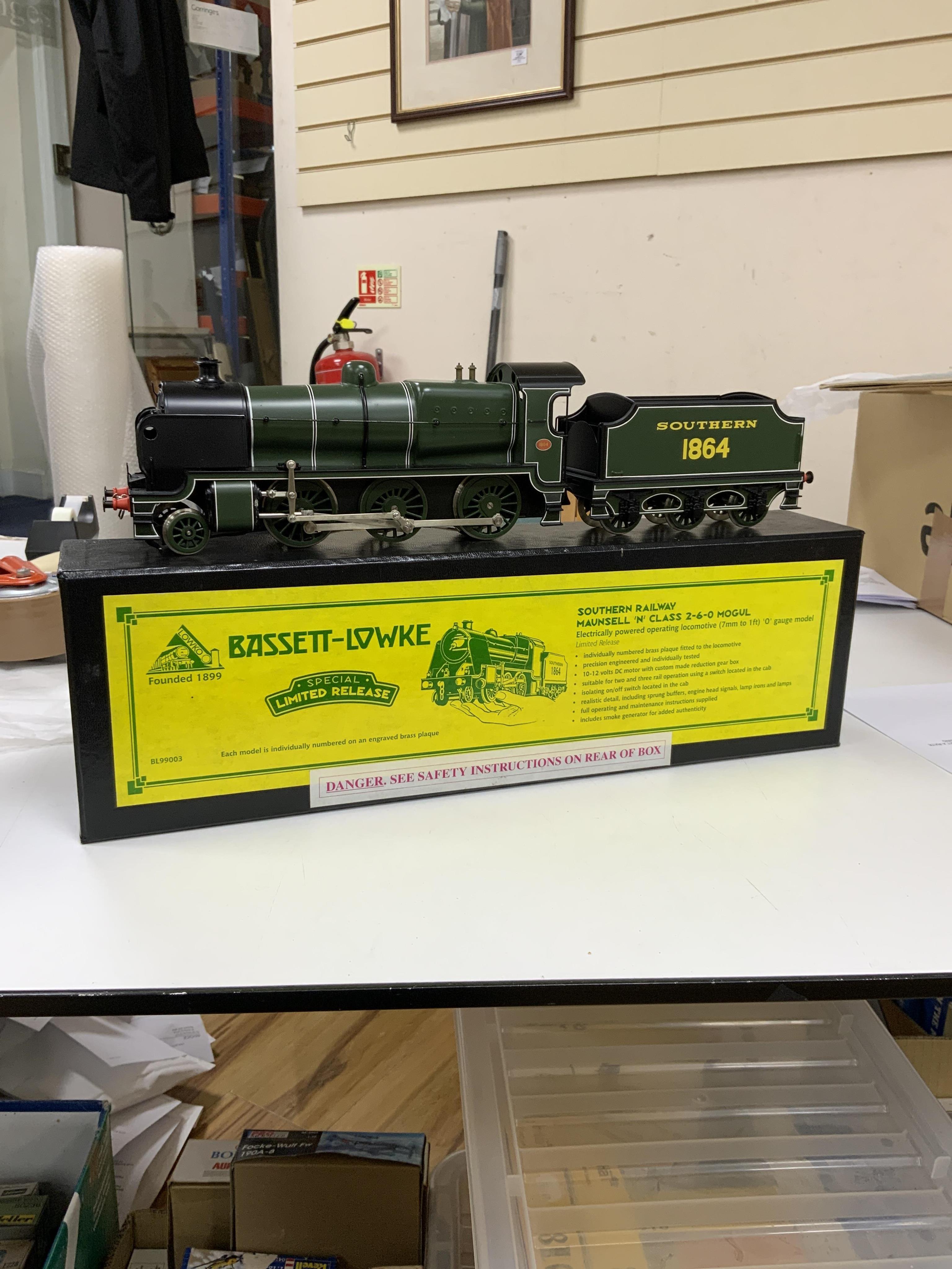 A boxed Bassett-Lowke by Corgi 0 gauge tinplate Southern Railway Maunsell N class 2-6-0 tender locomotive, 1864, in green livery, a special limited release, with option for two or three rail running, with instruction lea